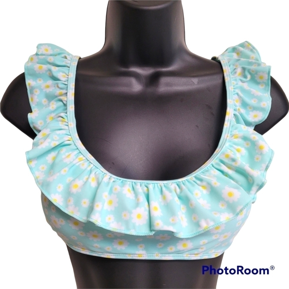 Cabana Del Sol Blue Ruffled Floral Daisy Bikini‎ Top Size Medium